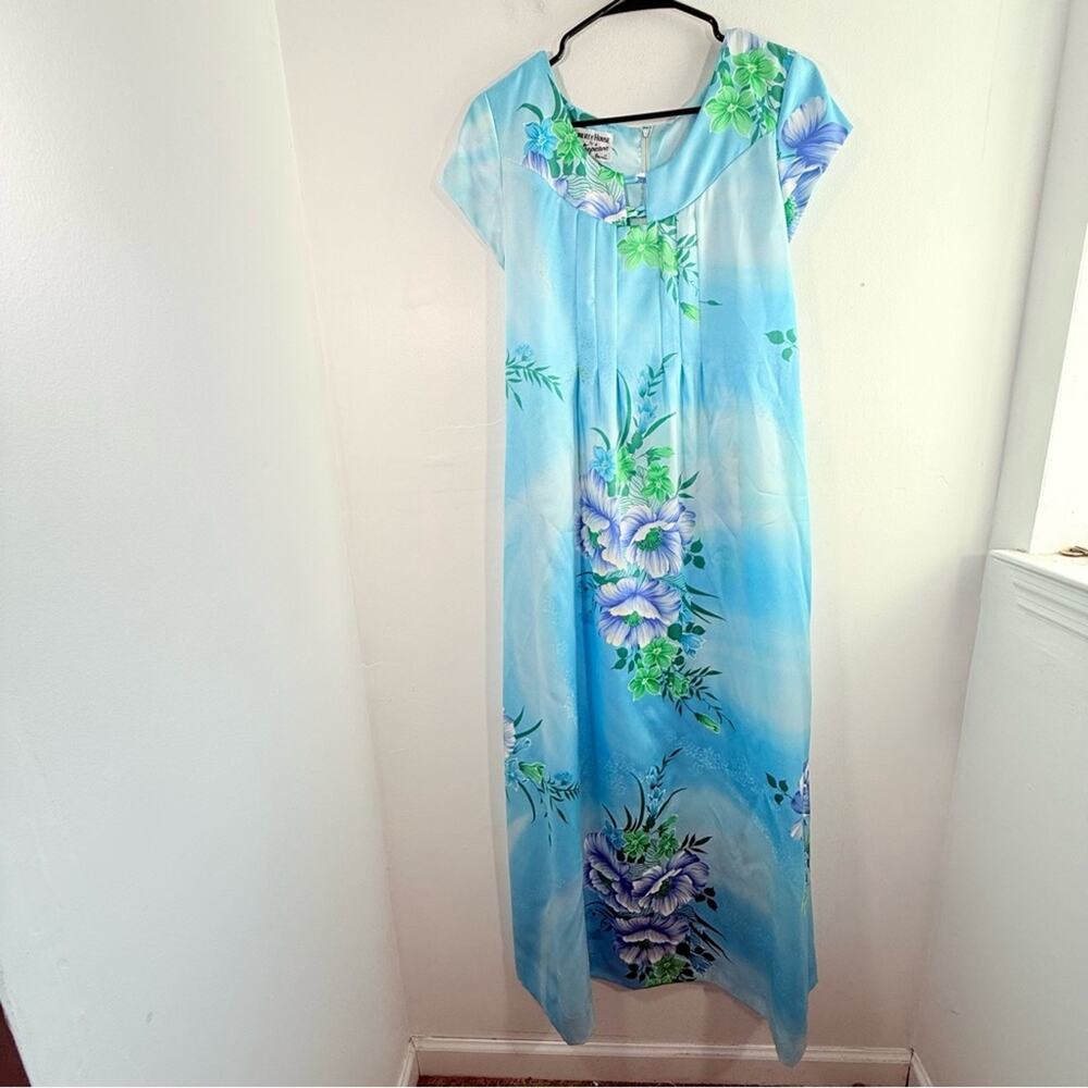 Vintage Liberty House Tropicana Blue Green Floral Hawaii Dress Medium Muumuu